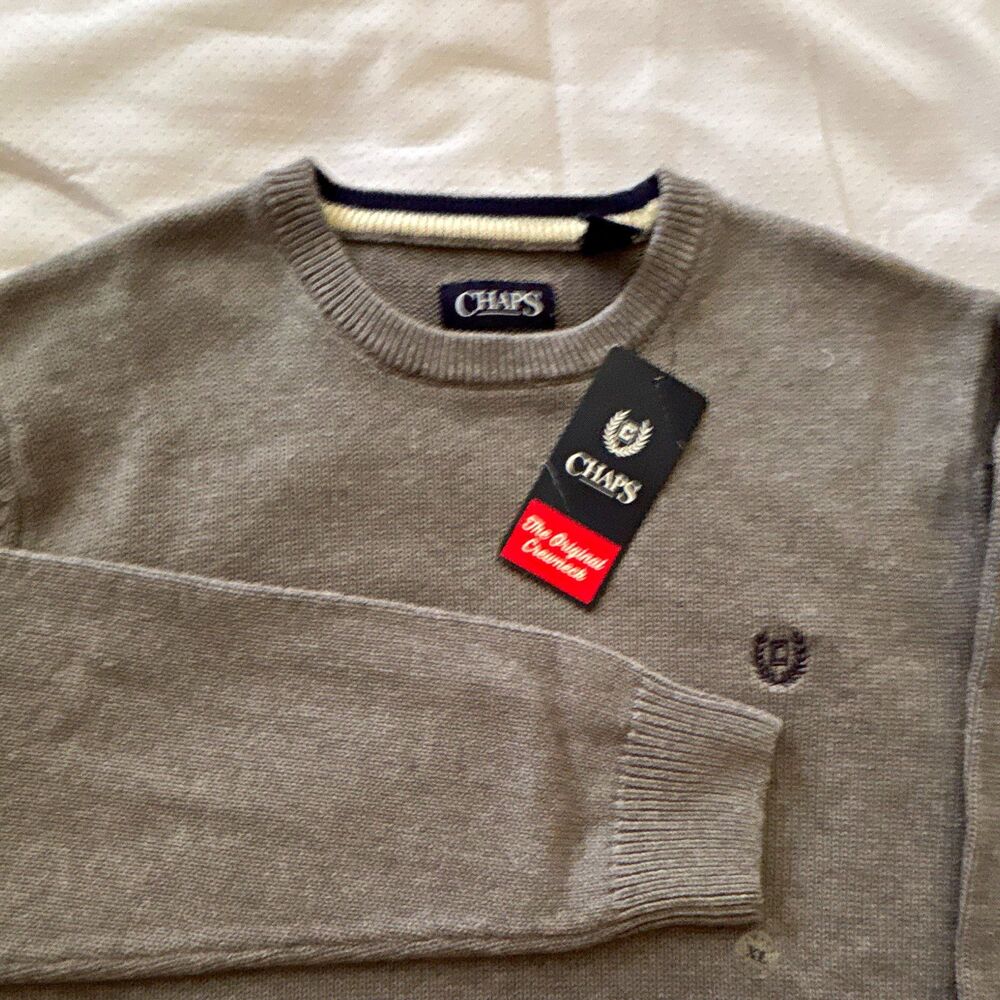 Chaps Men's XL Crew Neck Pullover Sweater Solid Gray Cotton Knit Long Sleeve